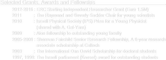 Selected Grants, Awards and Fellowsips                                                                                                    
      2012-2016 : ERC Starting Independent Researcher Grant (Euro 1.5M)
      2011          : The Raymond and Beverly Sackler Chair for young scientists 
      2010          : Israeli Physical Society (IPS) Prize for a Young Physicist 
                          (shared with A. Gal-Yam)
      2009          : Alon fellowship to outstanding young faculty
      2005-2008 : Sherman Fairchild Senior Research Fellowship, A 6-year research
                          associate scholarship at Caltech
      2003          : The International Dan David Scholarship for doctoral students
      1997, 1998: The Israeli parliament (Kneset) award for outstanding students                 