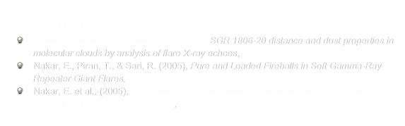 
Recent and past publications
    Svirski, G., Nakar, E. & Ofek, E. O. (2011), SGR 1806-20 distance and dust properties in
      molecular clouds by analysis of flare X-ray echoes, MNRAS, 415, 2485
    Nakar, E., Piran, T., & Sari, R. (2005), Pure and Loaded Fireballs in Soft Gamma-Ray 
      Repeater Giant Flares, ApJ, 635, 516 
    Nakar, E. et al., (2005), The Distances of Short-Hard Gamma-Ray Bursts and the Soft
      Gamma-Ray Repeater Connection, ApJ, 640, 849
